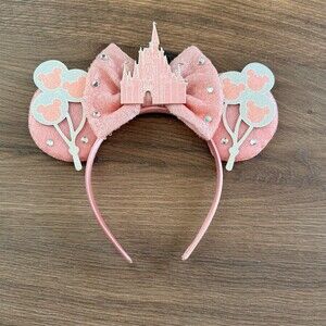 Disney Cinderella Castle Mouse Ears Headband Pink Bow Balloons One Size